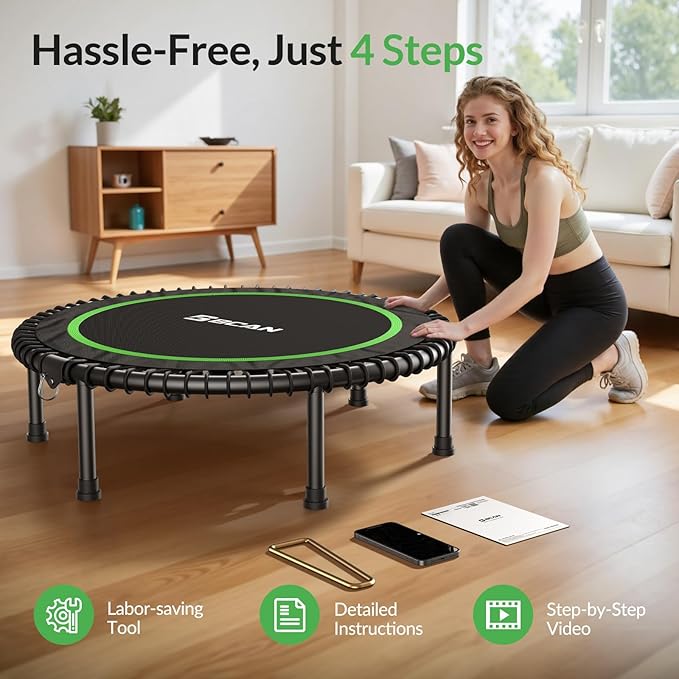 BCAN 450LBS/550LBS Foldable Mini Trampoline, 40"/48" Fitness Trampoline with Durable Bungees, Stable & Quiet Exercise Rebounder for Adults,Great Mini Trampoline for Indoor/Garden Workout - 2