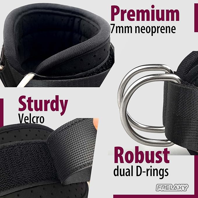 Frelaxy Ankle Straps for Cable Machine – Comfortable & Durable Leg Straps for Kickbacks, Glute Workouts, and Lower Body Exercises – Perforated Neoprene Padding & Tapered Fit