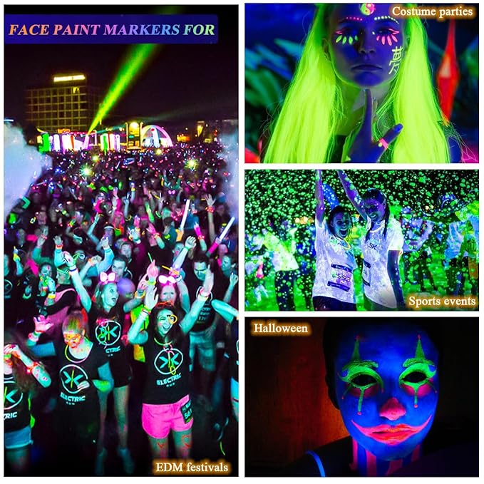 Glow in the Dark Paint, Non-Toxic Neon Face Paint, Washable Black Light Paint, Face Paint Markers for Halloween, Cosplay, Party, Compact UV Body Paint 12 PCS