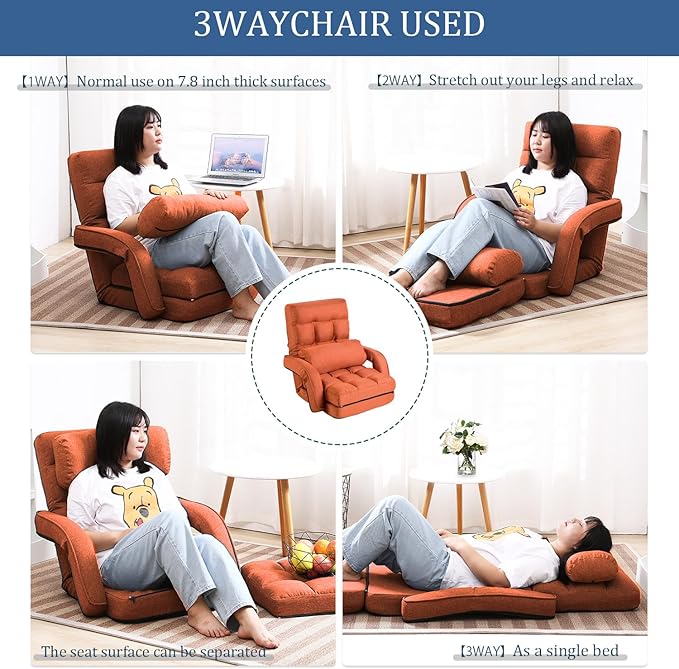 FLOGUOR 14-Position Adjustable Floor Chair, Chaise Lounge Indoor, Folding Lazy Sofa with Armrests and a Pillow Padded Adults Gaming Chairs for Living Room, Bedroom Factory Price,8803 (Orange)