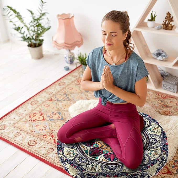 Mandala Meditation Cushion, Boho Meditation Mat, Meditation Pillows for Sitting on Floor, Cushions for Sitting in Home and Outdoor, Round Floor Pillows Cushion Seating for Yoga 22'' X 22''