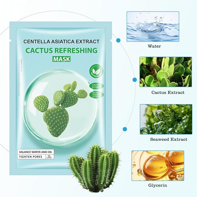 Cactus Facial Mask for Women,Hydrating Face Mask Sheet Home SPA,Moisturizing Face Sheet Mask for Dry,Oily,Sensitive Skin 30ml(5Pack)