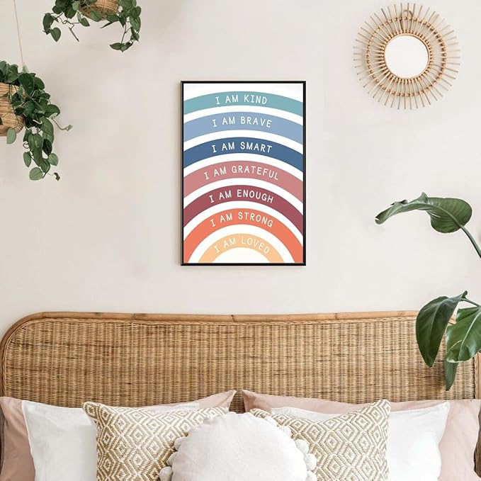I am Kind Brave Loved Enough Motivational Canvas Wall Art Print Rainbow Quote Inspirational Art Poster Trendy Office Affirmation Wall Decor Minimalist Picture Painting Home Decor 24x36inch black framed