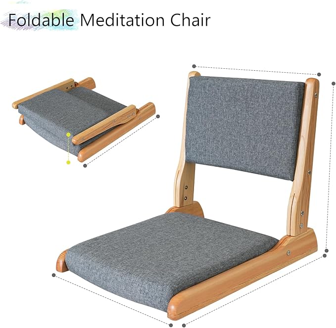Japanese Floor Chair with Back Support, Foldable Meditation Chair, Legless Tatami Chair with Cushion, Floor Seat for Living Room, Bedroom, Bay Window (1, Dark Gray)