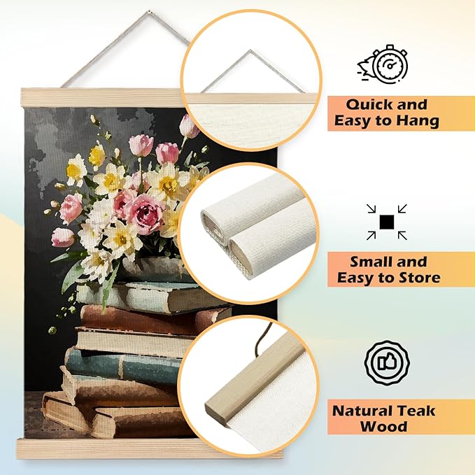 JINYO Vintage Floral Bookish Wall Art, 12x16 Inches, Rectangular, Multicolor, Vertical, Wall Mount, Matte Finish, For Bedroom, Living Room, Office, Kitchen, Nursery, Kids Room