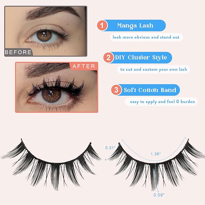 Manga Lashes Anime False Eyelashes Cat Eye Lash Strips Manhua Eye Lashes Natural Look Doll Spike Wispy Fake Mink Lashes Fluffy Eyelash Pack 8 Pairs 8-15mm Short Manhwa Pestañas for Women