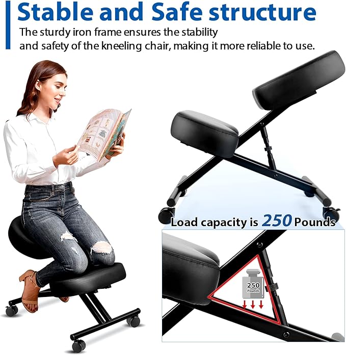 Kneeling Chair Ergonomic for Office, Adjustable Stool for Home and Office - Improve Your Posture with an Angled Seat - Thick Moulded Foam Cushions - Brake and Smooth Gliding Casters