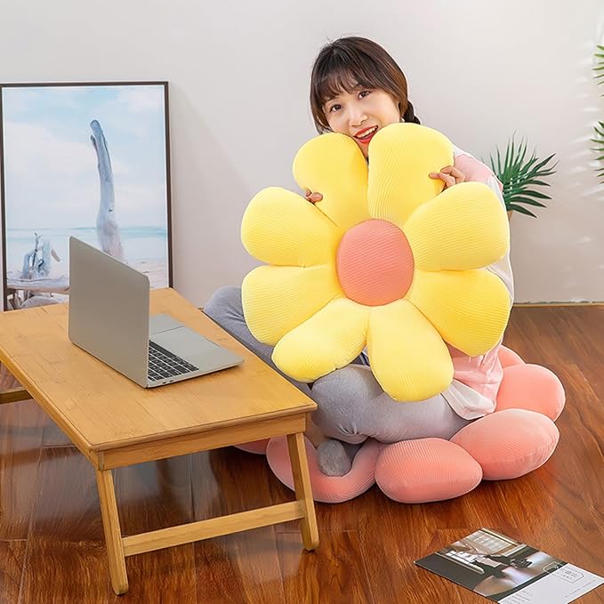 Flower Pillow, Flower Shaped Throw Pillow Flower Floor Pillow Soft Seating Cushion Room Decor Plush Pillow for Bedroom, Sofa, Bed, Reading (21 inch, Yellow)