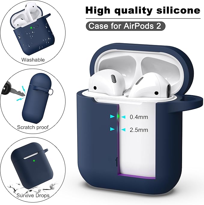 R-fun Compatible with AirPods Case Cover, Soft Silicone Protective Cover with Keychain for Women Men Compatible with Apple AirPods 2nd 1st Generation Charging Case, Front LED Visible,Midnight Blue