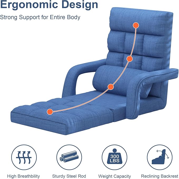 Floor Gaming Chair, 6 Adjustable Position Comfy Chair with Back Support, Ergonomic Chaise Lounge Chair, Meditation Chair with Armrest for Living Room, Bedroom, Blue