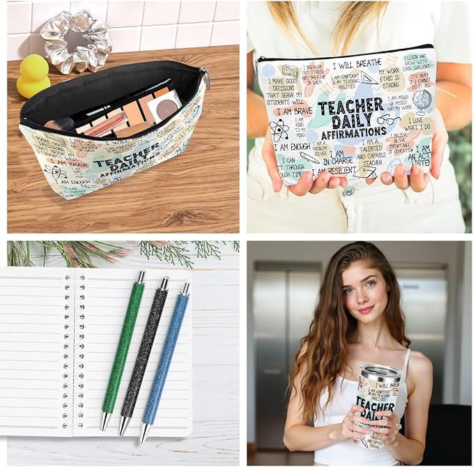 Inspirational Teacher Appreciation Gifts, Daily Affirmations Mental Health Teacher Gifts for Women Counselor Coworker Graduation Birthday Christmas, 20oz Tumbler Makeup Bag Ballpoint Pen Notebook 6PCS