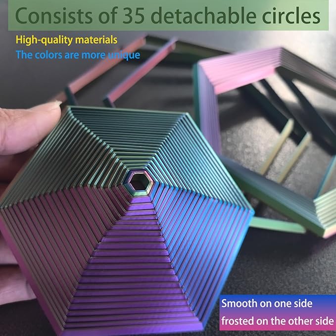 Fractal Fidget Hexagon, Kinetic Desk Spinning Toy, 35 Circles、5.9x6.69in, Used for Anxiety Disorder ADHD, Adult Office Visual Illusion fingertip Toys, 1 pc (Blue-Yellow-Violet)