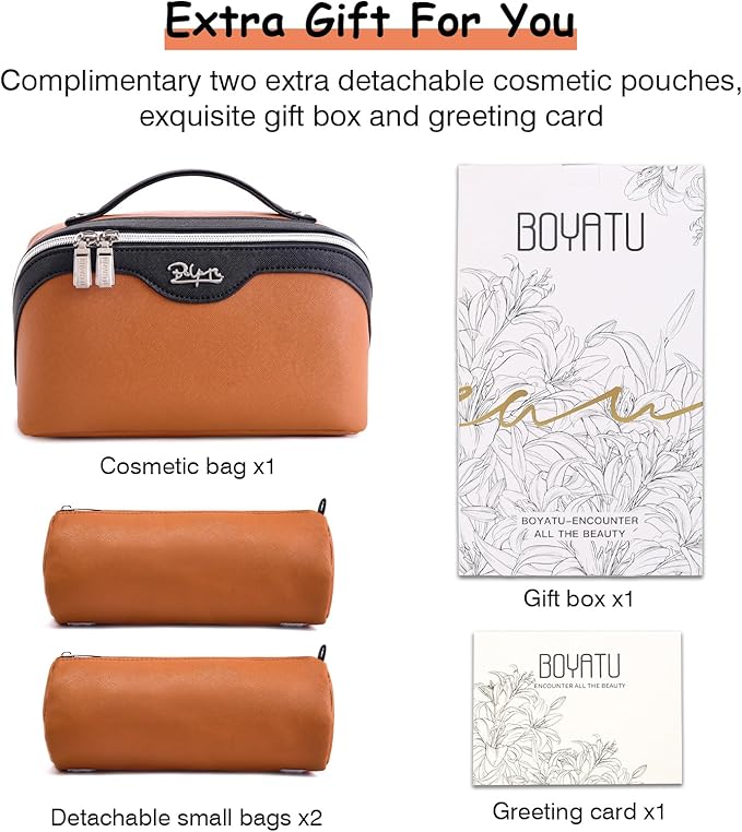 BOYATU Travel Makeup Bag Organizer Cosmetic Bag: 3 Pcs Set Make up Bags for Women with Handle - Waterproof Vegan Leather Toiletry Bags Travel Essentials Pouch with Compartments (G-04-Orange)