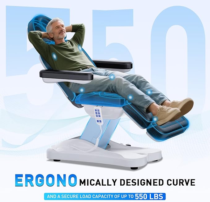 Full Electrical Aesthetic Chair with Lights for Clients, 3-Motors 200W Adjustable Tattoo Facial Beauty Bed with Remote Control, Capacity 550LBS for Podiatry Office Aesthetician Services (Black)