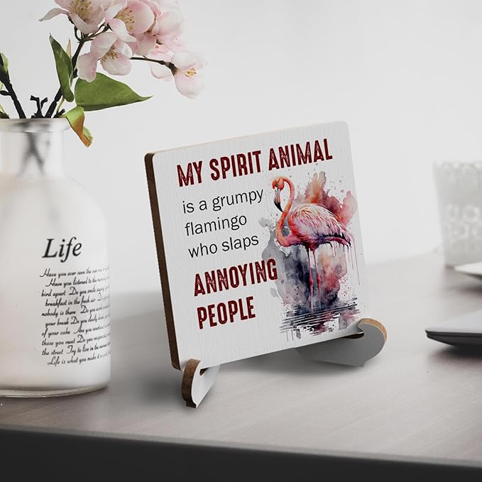 Flamingo Gifts Funny Flamingo Decor Rustic Wooden Desk Decor for Flamingo Lovers Home Farmhouse Office Bathroom Table Tiered Tray Shelf Seasonal Plaque with Wood Stand Holder