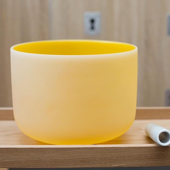 Leize Quartz Crystal Singing Bowl 432hz E Note Solar Plexus Chakra Yellow 10" with Suede Striker