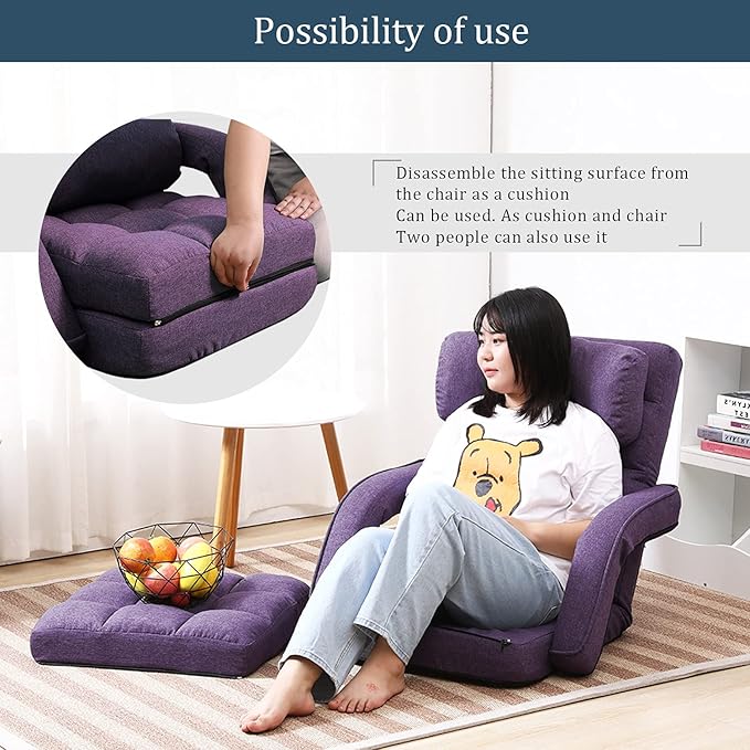 FLOGUOR Floor Chair, Chaise Lounge Indoor, 14-Position Adjustable Folding Lazy Sofa with Armrests and a Pillow Padded Gaming Chairs for Living Room, Bedroom Factory Price (Purple) 8803PU