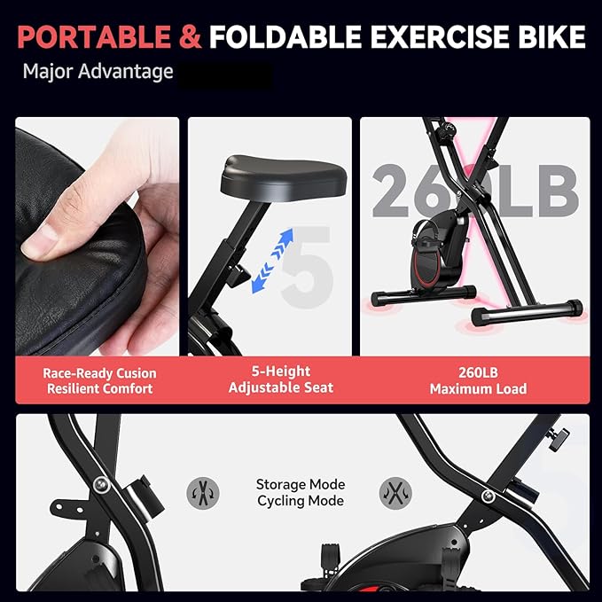 Foldable Exercise Bike for Small Apartments, Stationary Bikes for Home, Indoor Portable Cycling Bike with 16-Level Magnetic Resistance, 260LBS Capacity, 5.5 LBS Flywheel, Designed for Small Space Workout 816