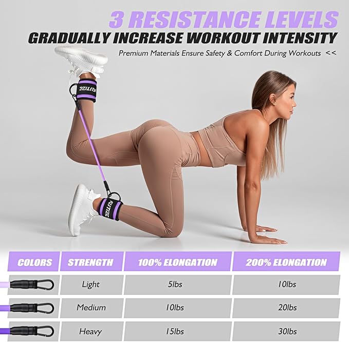 Ankle Resistance Bands with Cuffs for Women & Men - 3-Level Adjustable Leg & Glute Workout Equipment, Portable Home Gym Exercise Bands for Kickbacks, Hip Thrusts, Yoga, Strength Training