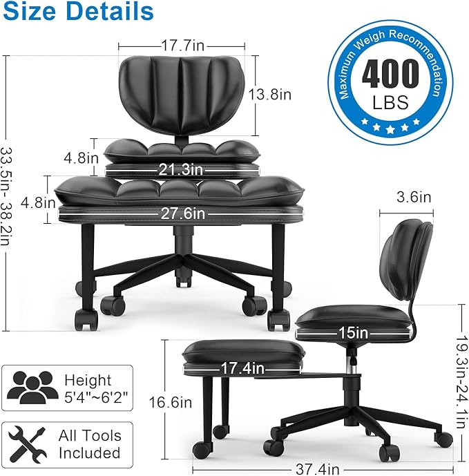 Cross Legged Office Chair, Ergonomic Cloud Criss Cross Desk Chair, Meditation Chair with Wheels, Height Adjustable Seat for ADHD, Wide Kneeling Chair with Back Support