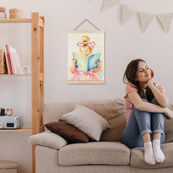 JINYO Pink Bow Dress Girl Reading Book Wall Art Poster, Coquette Girly Room Decor, Reading Nook Corner Decor, Pink Bookish Wall Art for Girls Room Dorm Library Reading Room Classroom, 12x16 Inches
