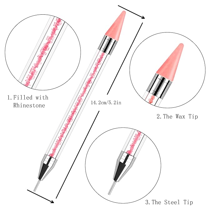 Kaychan1 Rhinestone Applicator Tool - Acrylic Handle Dual-Ended Wax Pen DIY Nail Art Tool with 4 Extra Wax Tips 1 Tweezer (Pink)