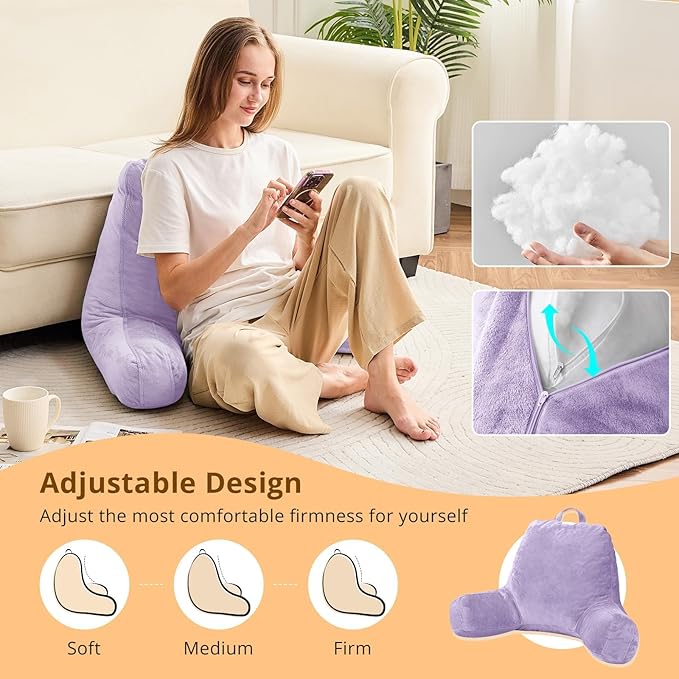 Sasttie Reading Pillow, Velvet Back Pillow for Bed Sitting Up, Adult Back-Rest Support Cushion with Arms for Sit Up on Couch, Sofa, and Floor, Dorm Essentials, Reading Accessories, Lavender