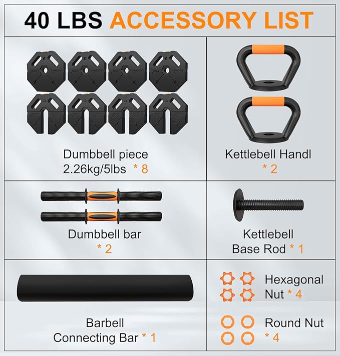 Adjustable Dumbbells 20/30/40/60lbs Free Weight Set with Connector, 5 in 1 Dumbbells Set Used as Barbell, Kettlebells, Weightlift, Push Up Stand, Weight Plate, Women Men Fitness Exercises Equipmentfor Home Gym