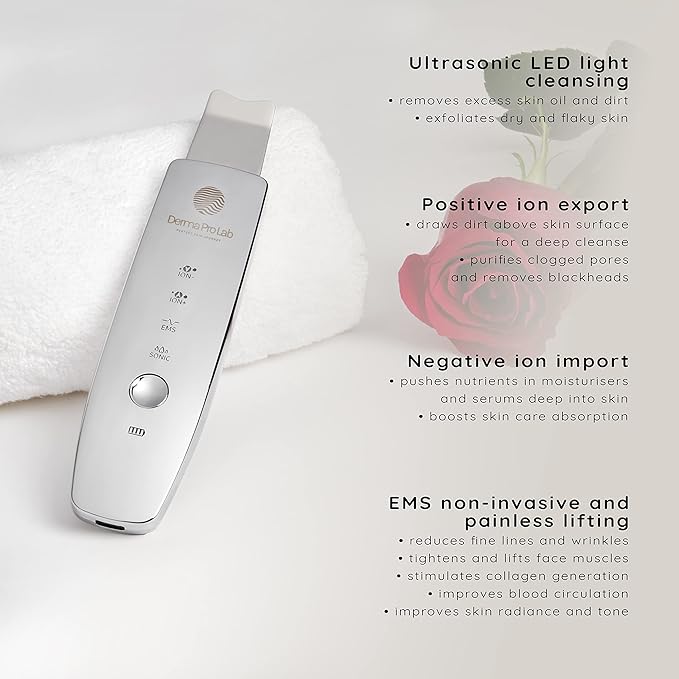 Derma Pro Lab Premium Skin Cleansing Scrubber - Advanced Skin Care Tool - LED 4 in 1 Blackhead and Blemish Remover - Dermatologically Tested