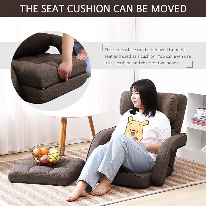FLOGUOR 14-Position Adjustable Floor Chair, Chaise Lounge Indoor, Folding Lazy Sofa with Armrests and a Pillow Padded Adults Gaming Chairs for Living Room, Bedroom Factory Price (Brown) 8803CO