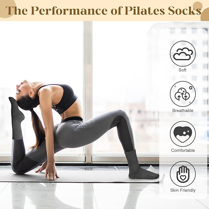 Justay 6 Pairs Pilates Socks with Grips for Women Soft Non Slip Crew Cotton Athletic Workout Barre Hospital Yoga Socks