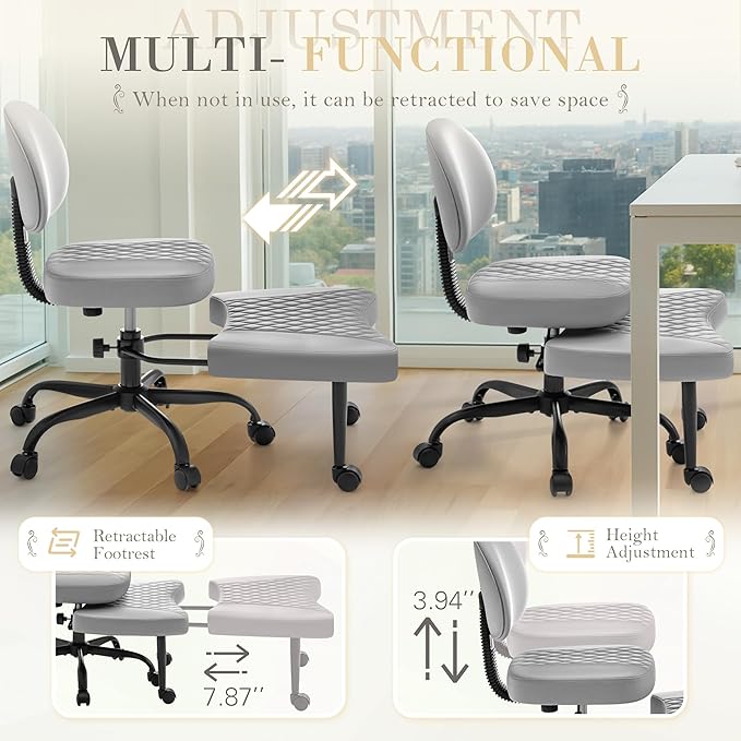 Furmax Ergonomic Criss Cross Legged Office Chair with Wheels, 360°Swivel Adjustable Height Kneeling Desk Chair with Footrest for ADHD, Yoga, Meditation, Home Office (Leather, Gray)