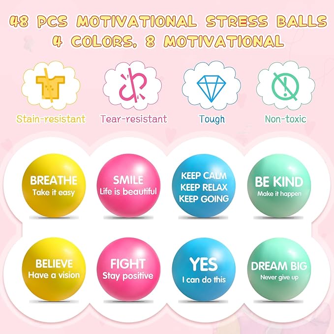 Liliful 48 Pieces Motivational Stress Balls Bulk for Adults Fidget Toys End of The Year Gifts Inspirational Squeeze Balls Employee Appreciation Gift Adult Goodie Bag 2. 2 Inch(Macaron Color)