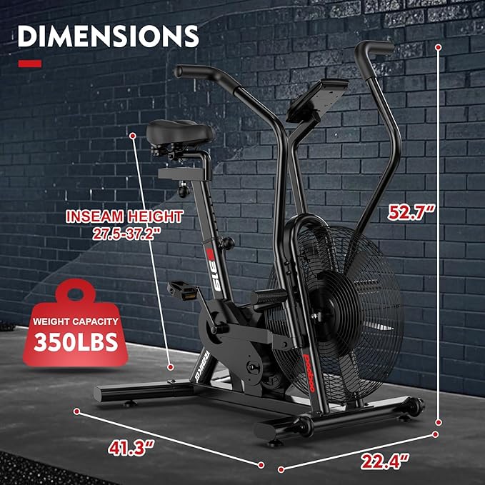 pooboo Exercise Bike, Stationary Bike for Home Gym, Air Resistance Bluetooth Fan Bike w/Dual Acction Handlebars & Dual-Layer Transmission System, Upright AirBike Indoor Cycling Bike for Cardio Workout