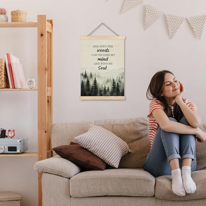 JINYO Inspirational Wall Decor, and into the Woods I Go to Lose My Mind and Find My Soul Forest Wall Art Poster, Misty Nature Landscape Wall Decor for Home Bedroom Living Room, 12x16 Inch
