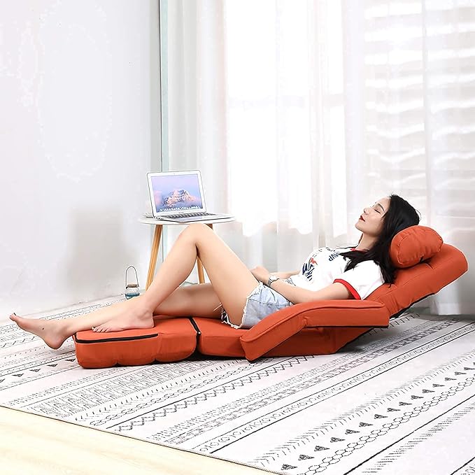 Floor Chair, Chaise Lounge Indoor, 14-Position Adjustable Folding Lazy Sofa with a Pillow Padded Adults Gaming Chairs for Living Room, Bedroom Factory Price (Orange) 8803OR