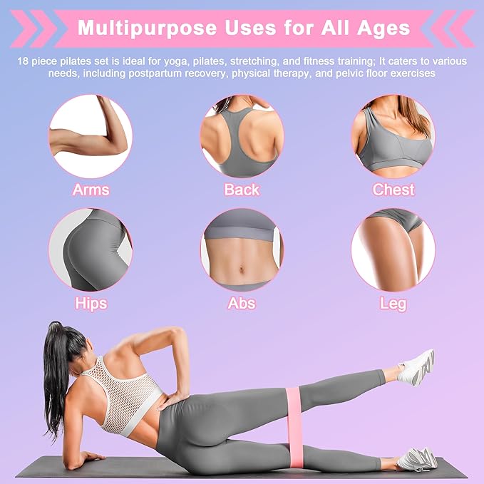 Home Pilates Essentials Kit for Women: 18Pcs Pilates Workout Equipment Set with Pilates Ring, Yoga Ball, Resistance Band, Pilates Fitness Set for Legs Arms, Gym Back Bag, Anti Slip Socks