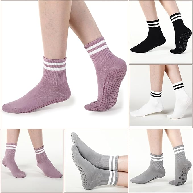 Jeyiour 4 Pairs Womens Pilates Socks with Grip Long Non Slip Yoga Crew Socks for Barre Hospital Home Workout
