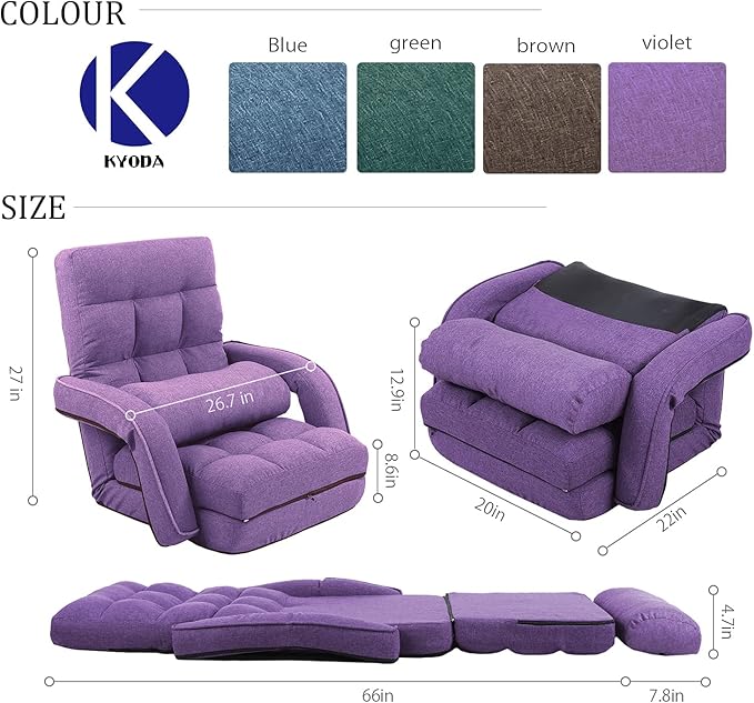 FLOGUOR Floor Chair, Chaise Lounge Indoor, 14-Position Adjustable Folding Lazy Sofa with Armrests and a Pillow Padded Gaming Chairs for Living Room, Bedroom Factory Price (Purple) 8803PU