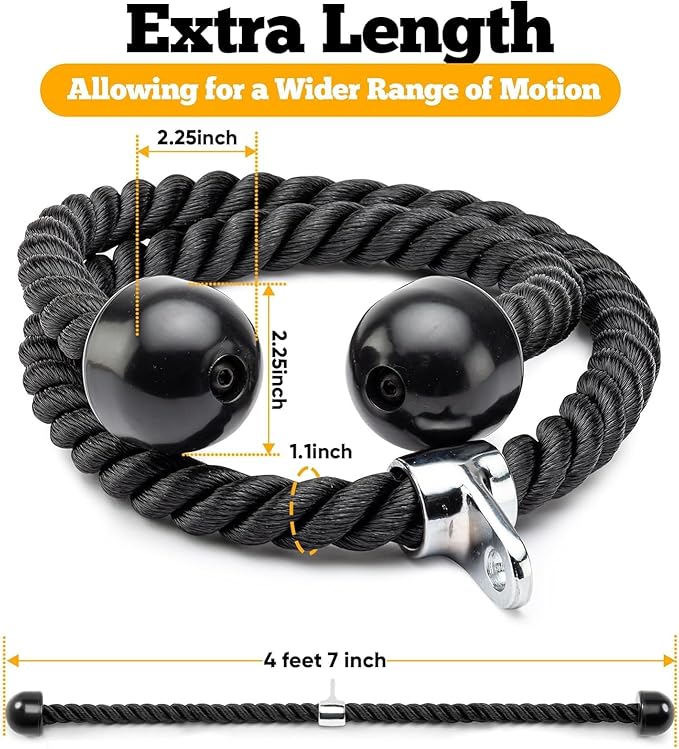 Double Length Tricep Rope for Cable Machines - 55 Inch Heavy Duty Pulldown Attachment, 4ft 7in Gym Strength Training Accessory & Home Workout Equipment