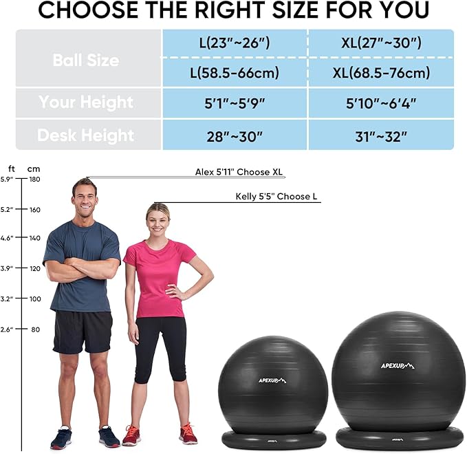 APEXUP Yoga Ball Chair, Exercise Ball Chair with Base for Office, Anti Slip Stability Ball Fitness Ball Seat, Home Gym Workout Ball, Balance Ball with Pump (Black, XL)