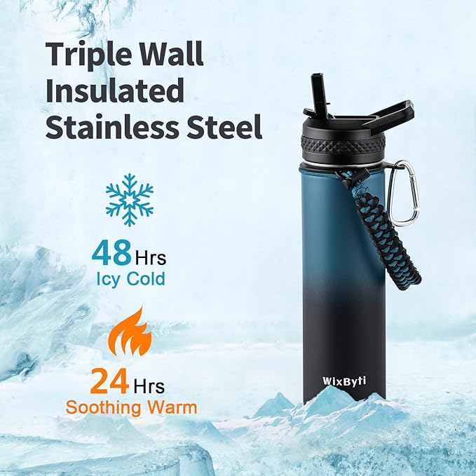 20 oz Insulated Water Bottle with Straw (Cold for 48 Hrs), Stainless Steel Triple Wall Vacuum Sports Water Jug, Leakproof Hydro Cup Flask with Paracord Handle & Straw Spout Lids & DIY Stickers