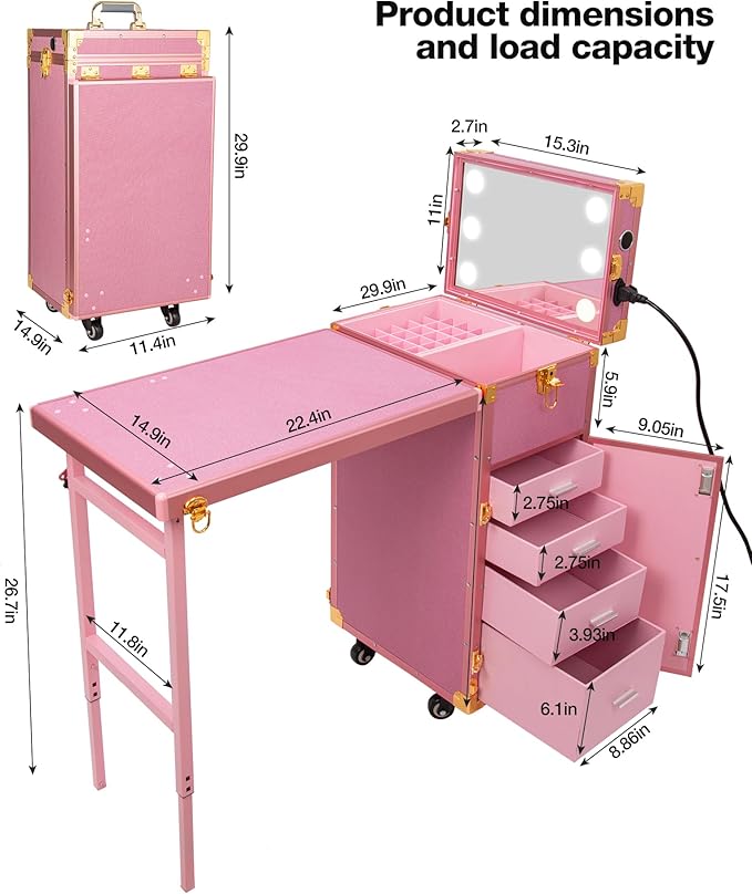 Icoget Portable Nail Table, Rolling Manicure Table w/3 Color Light and Speaker, Portable Nail Tech Desk, Foldable Nail Travel Case for Nail Tech w/Wheel, Colorful Pink
