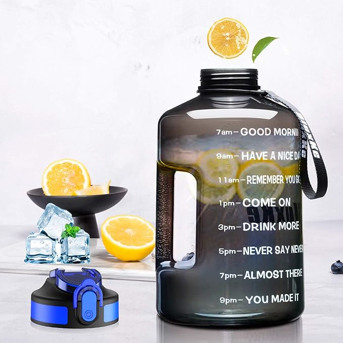 1 Gallon Motivational Sports Water Bottle with Time Marker, BPA Free 128oz Leak Proof Jug, Black, Plastic, 128 ounces, Fitness, Sports, Outdoor Activities