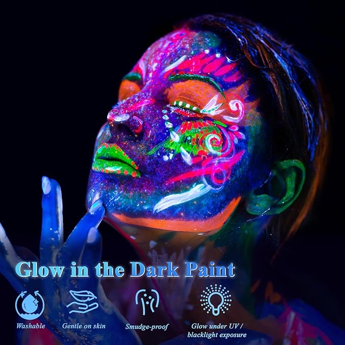 Glow in the Dark Paint, Non-Toxic Neon Face Paint, Washable Black Light Paint, Face Paint Markers for Halloween, Cosplay, Party, Compact UV Body Paint 12 PCS