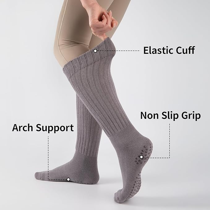 COOVAN Grip Pilates Socks for Women 3 Pairs Yoga Slouch Crew Long Scrunch Slipper Socks for Barre Ballet Dance Hospital