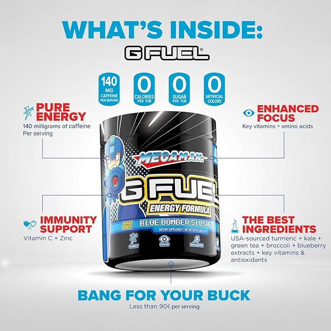 G Fuel Megaman Energy Drink Powder, Pre Workout Caffeine Mix for Gaming, Sugar Free Focus Amino, Vitamin + Antioxidants, 9.9oz (Blue Slushee, 40 Servings)