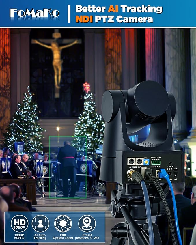 FoMaKo NDI PTZ Camera, AI Auto-Tracking Gen 3, 20x Optical Zoom HDMI PTZ Camera for Church Worship Education Events (NDI 6 & NDI HX3 Certified)(KN20A Pro Black)