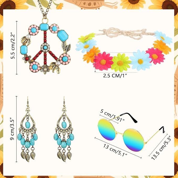 Hicarer Hippie Costume Accessories Include Sunglasses, Peace Sign Necklace, Boho Headband and Earring for 60s 70s Party