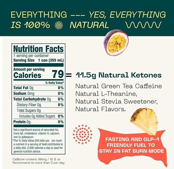 KEY Ketone Energy Drink - Sugar Free, 80mg Low Caffeine, All Natural, 11.5g Ketones, Long Lasting Energy, Green Tea & L-Theanine for Mental Focus, Pineapple Passionfruit (Pack of 12)